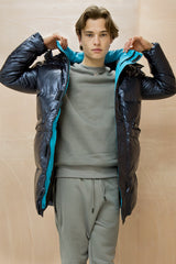 Mens Blue Longline Shiny Puffer Jacket