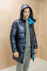 Mens Blue Longline Shiny Puffer Jacket