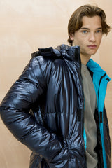 Mens Blue Longline Shiny Puffer Jacket