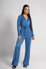Blue Printed Wide Leg Belted Jumpsuit