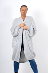 Light grey longline balloon sleeve knitted cardigan
