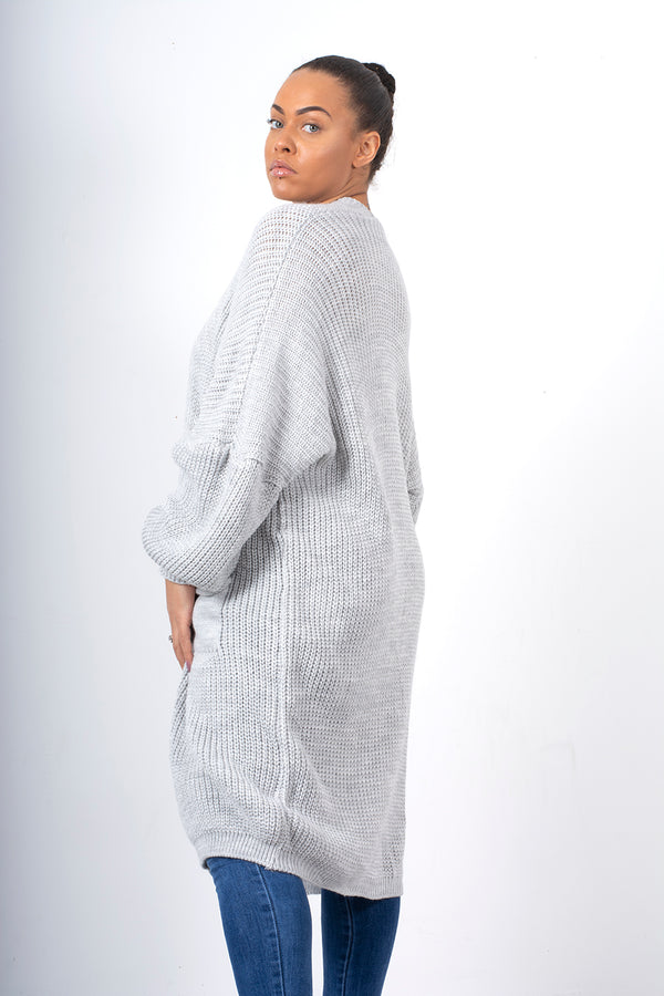 Light grey longline balloon sleeve knitted cardigan