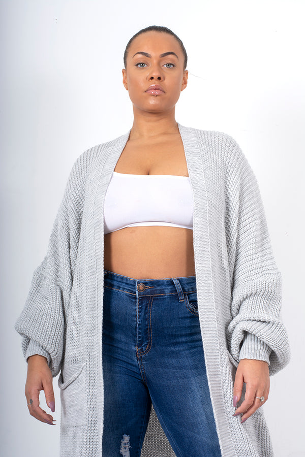 Light grey longline balloon sleeve knitted cardigan