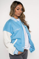 Sky Blue Contrast Sleeve Letter B Varsity Jacket