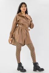 Brown Belted PU Leather Shirt Dress