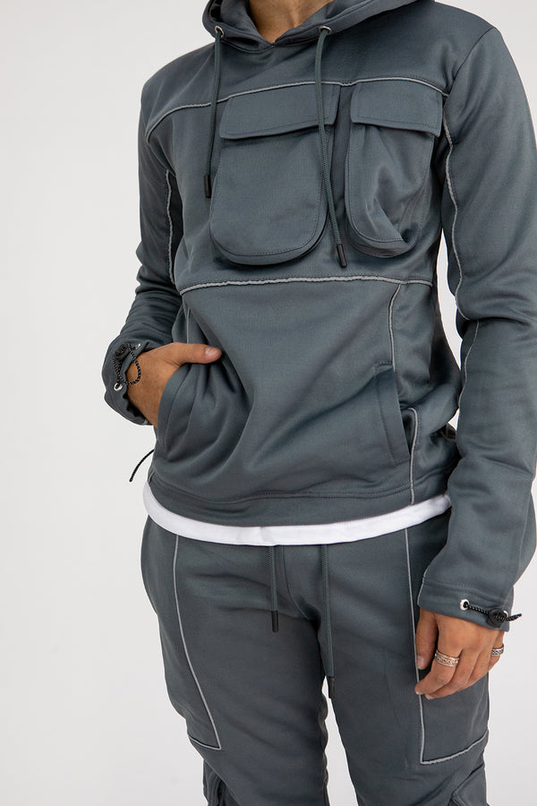 Mens Grey Multi Pocket Reflective Tracksuit