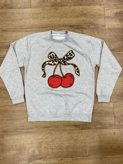 GreyLeopard Print Bow Cherry Relaxed Sweatshirt