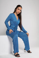 Blue Printed Wide Leg Belted Jumpsuit