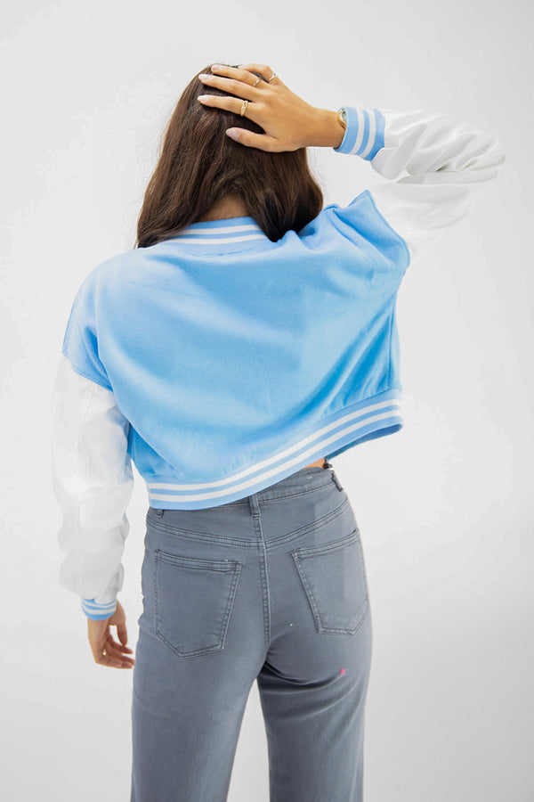 Blue Cropped Contrast Sleeve Varsity Jacket