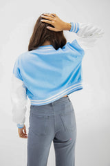 Blue Cropped Contrast Sleeve Varsity Jacket
