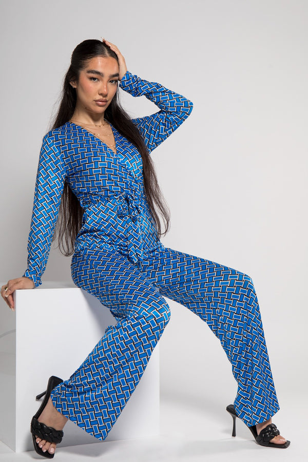 Blue Printed Wide Leg Belted Jumpsuit