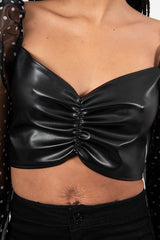 Black Sheer Polka Dot Mesh Sleeve Leather PU Crop