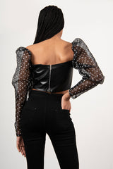 Black Sheer Polka Dot Mesh Sleeve Leather PU Crop