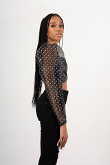 Black Sheer Polka Dot Mesh Sleeve Leather PU Crop