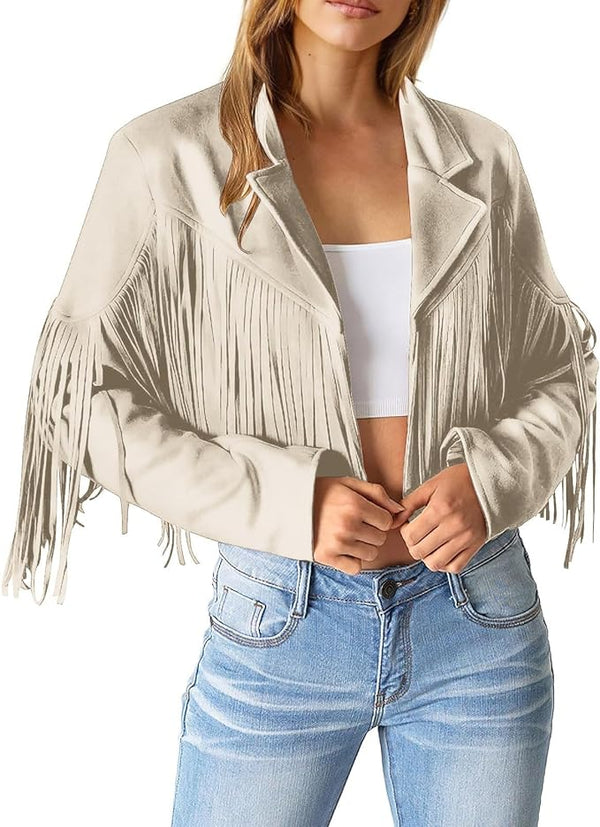 Beige Suede Fringe Cropped Jacket