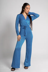 Blue Printed Wide Leg Belted Jumpsuit