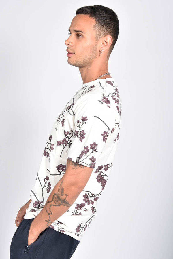 Mens Ecru Floral Printed Pocket T-Shirt