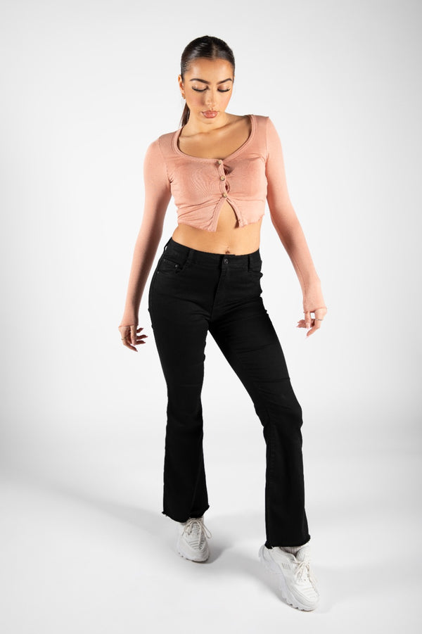 Blush Button Front Long Sleeve Crop Top
