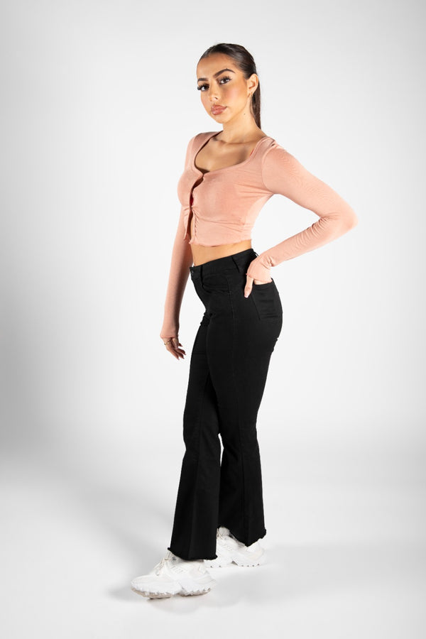 Blush Button Front Long Sleeve Crop Top