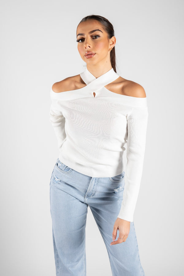 Cream Cold Shoulder Crossed Halter Neck Jumper 