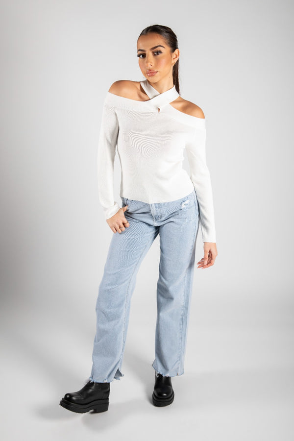 Cream Cold Shoulder Crossed Halter Neck Jumper 