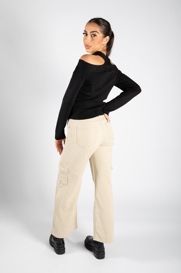 Black Cold Shoulder Crossed Halter Neck Jumper 