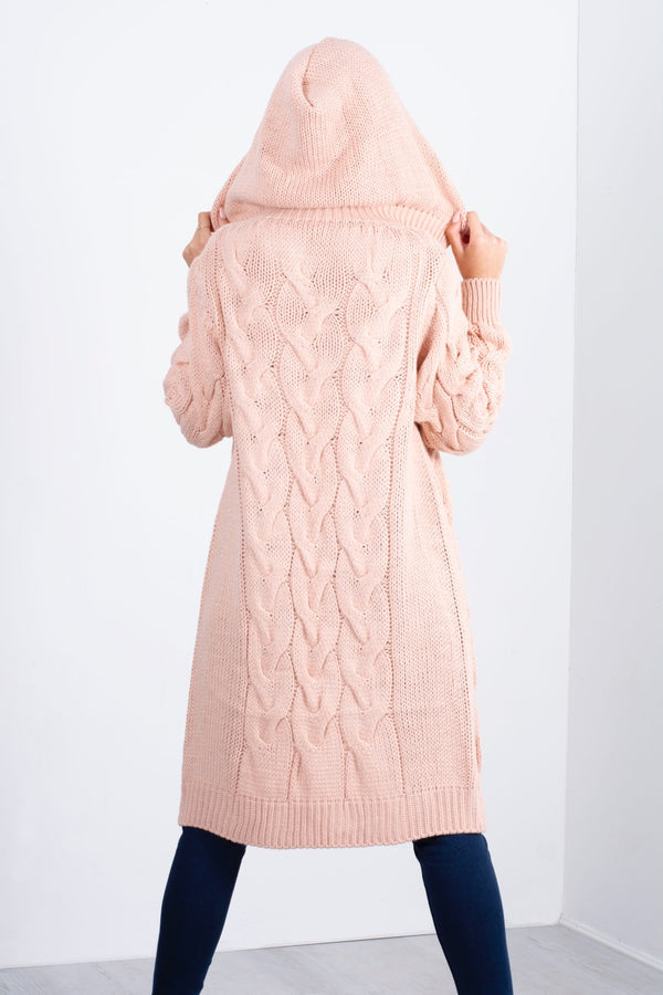 pink cable knit hooded cardigan