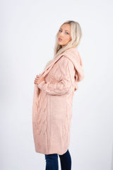 pink cable knit hooded cardigan