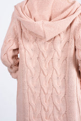 pink cable knit hooded cardigan
