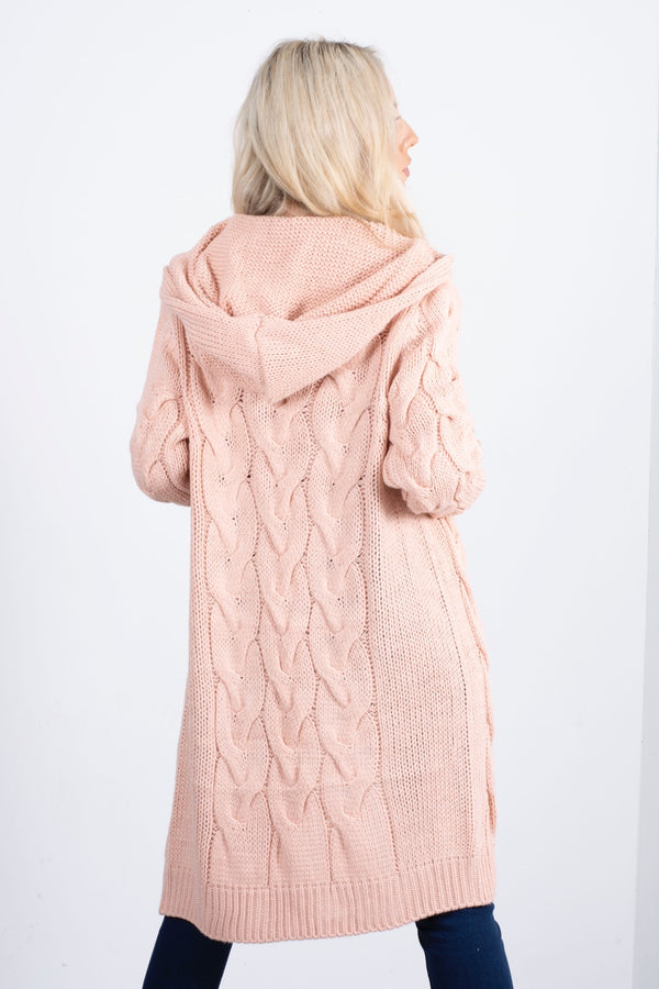 pink cable knit hooded cardigan