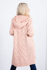 pink cable knit hooded cardigan
