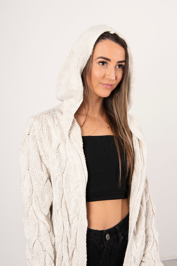 Beige Cable Knit Hooded Cardigan