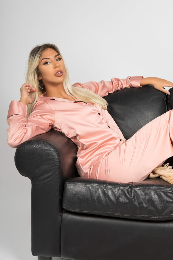 Nude Long Sleeve Piped Satin Pyjama Set
