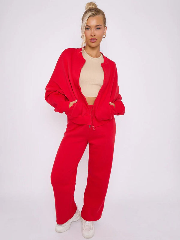 Red Bomber Sweatshirt With Straight Leg Jogger