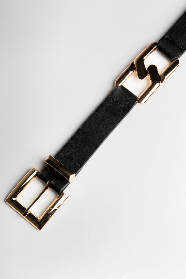 Black Buckle Belt With Gold Double H Detailing