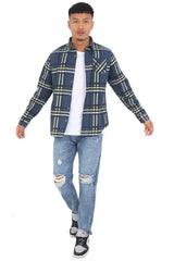 Mens Blue Checked Cotton Flannel Long Sleeve Shirt