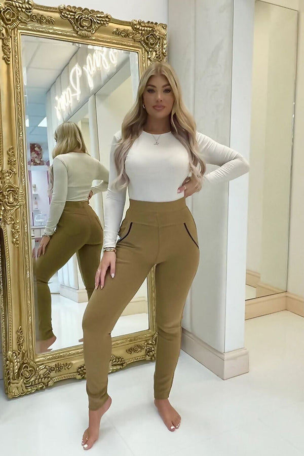 Beige High Waist Double Band Pocket Jeggings