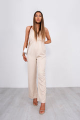 Beige Plunge Strappy Wide Leg Jumpsuit