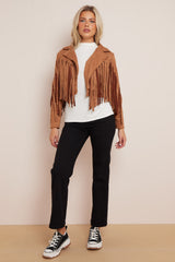 Beige Suede Fringe Cropped Jacket