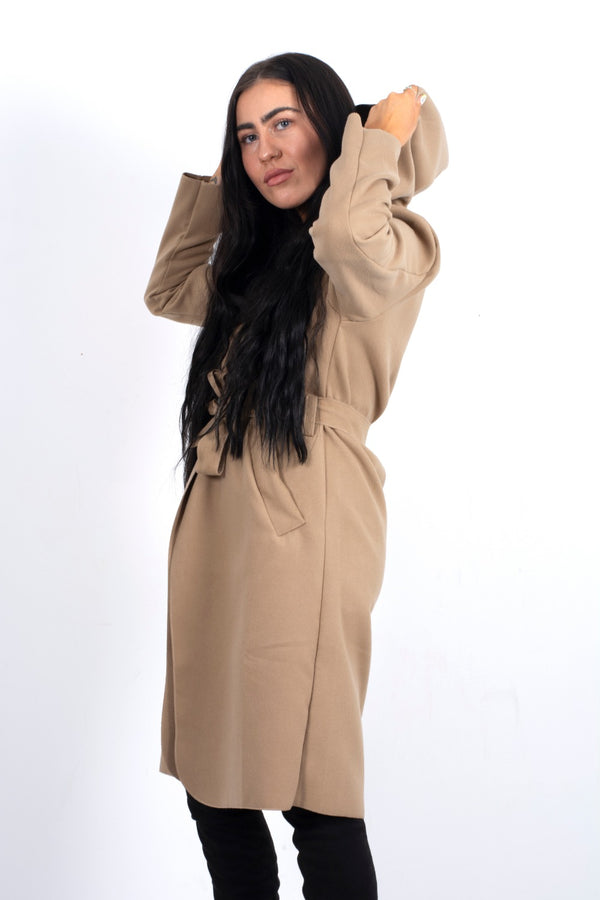 Beige Waterfall Hooded Belted Trench Jacket