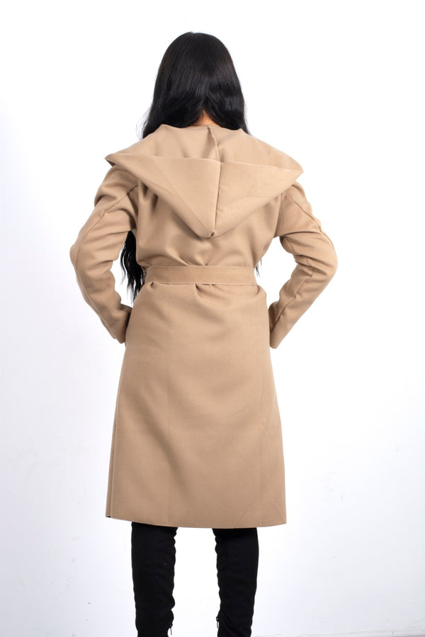 Beige Waterfall Hooded Belted Trench Jacket