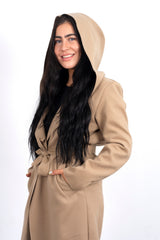 Beige Waterfall Hooded Belted Trench Jacket