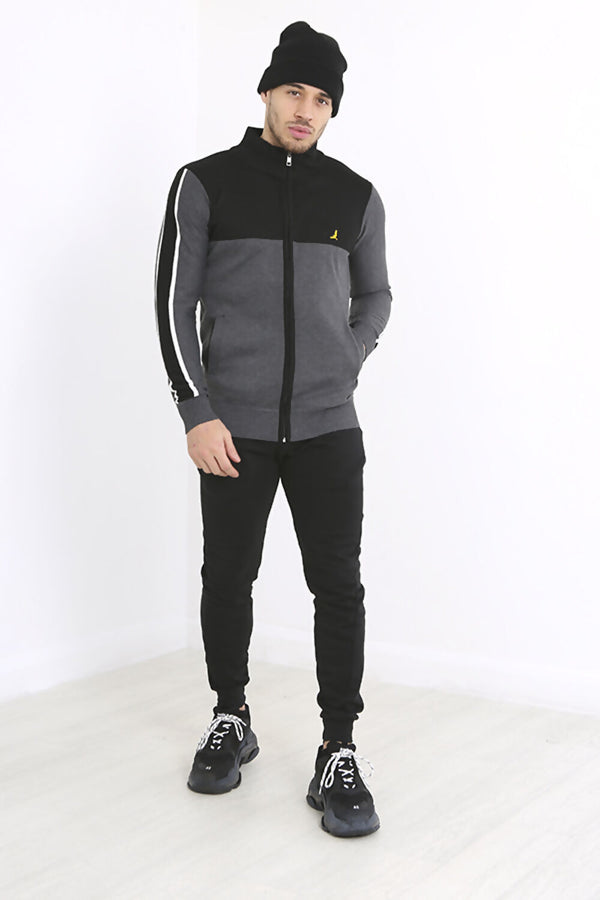 Black and Charcoal Bird Embroidered Zipper Jumper
