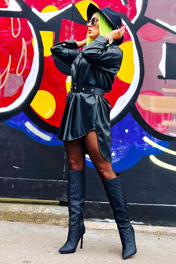 Black Belted PU Leather Shirt Dress