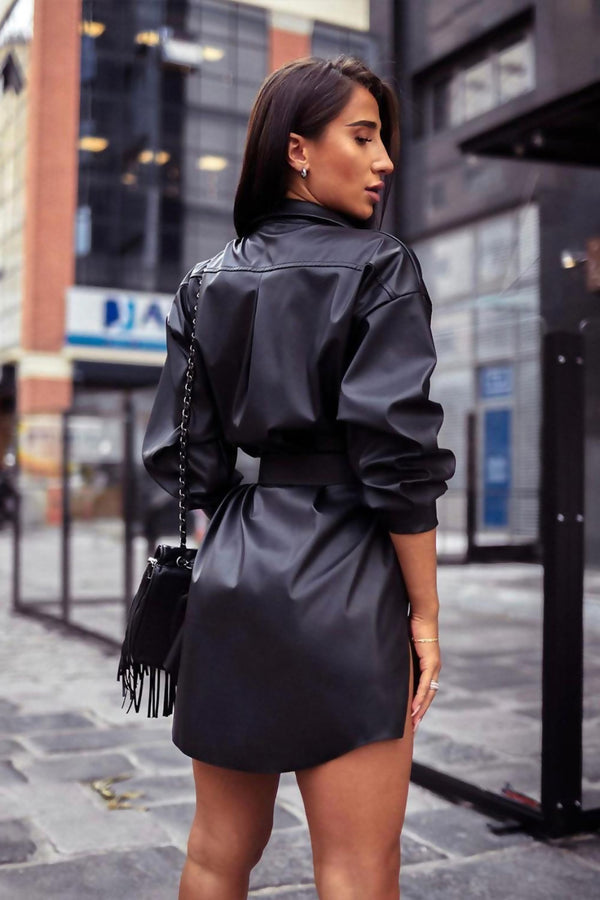 Black Belted PU Leather Shirt Dress