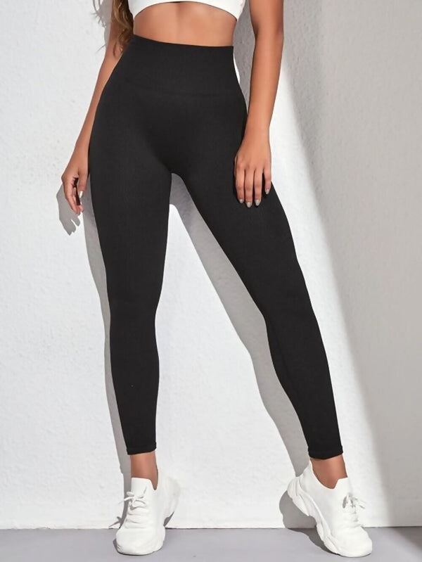 Black High Waisted Rib Waistband Detail Leggings