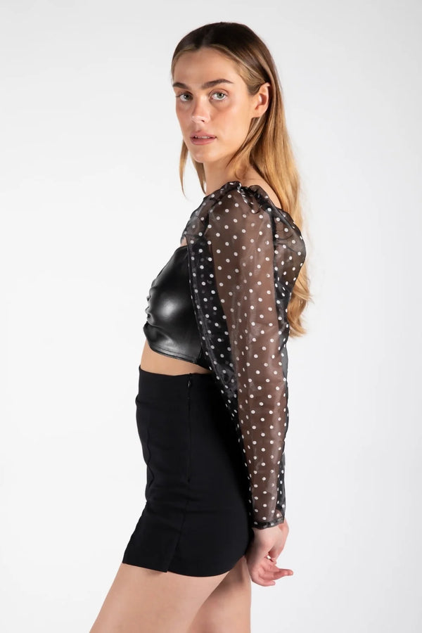 Black Sheer Polka Dot Mesh Sleeve Leather PU Crop