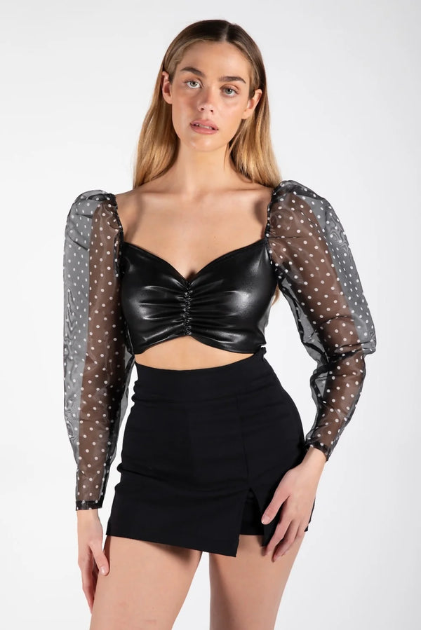 Black Sheer Polka Dot Mesh Sleeve Leather PU Crop