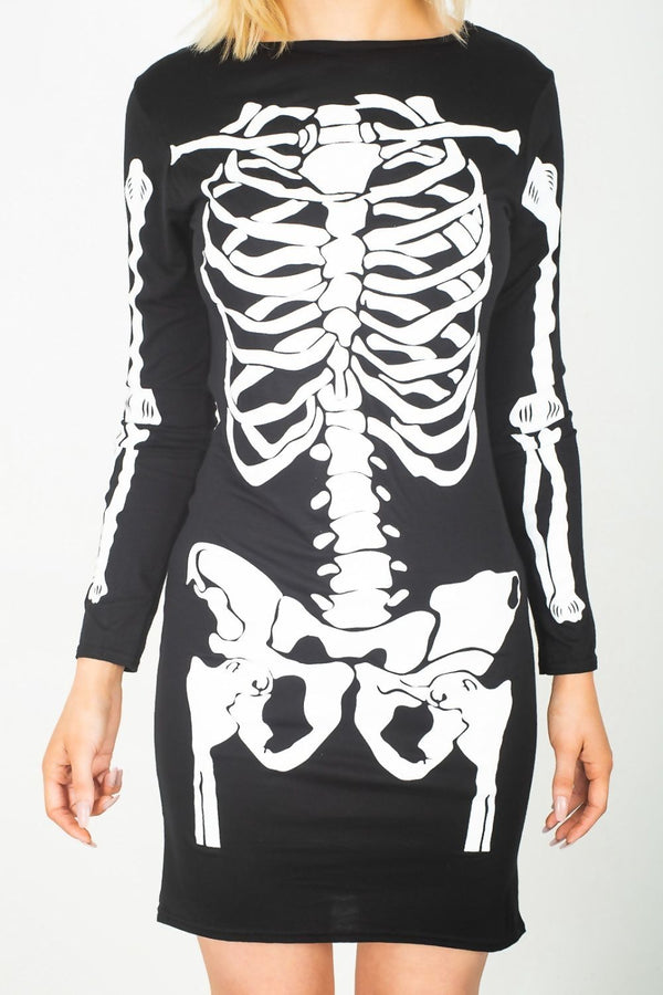 Black Petite Halloween Skeleton Long Sleeve Print T-shirt Dress