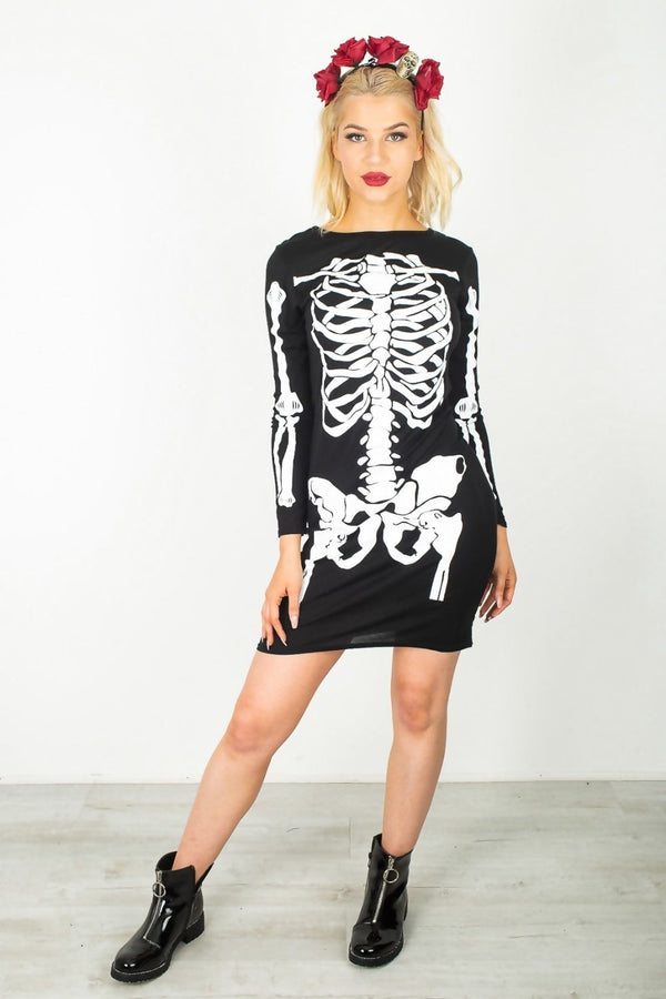 Black Petite Halloween Skeleton Long Sleeve Print T-shirt Dress
